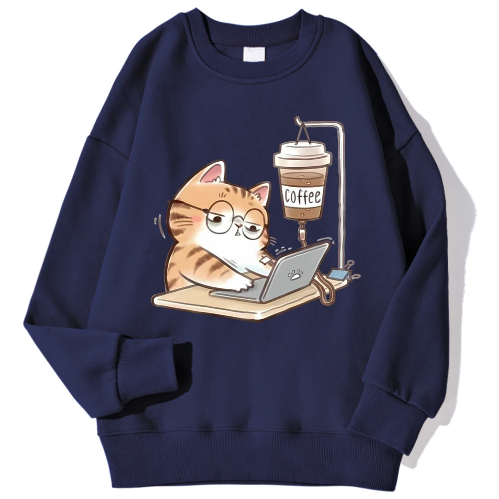 Travailer les chats qui ne peuvent pas faire sans café femmes à capuche ample confortable sweats à capuche Harajuku polaire à capuche mode automne hommes haut