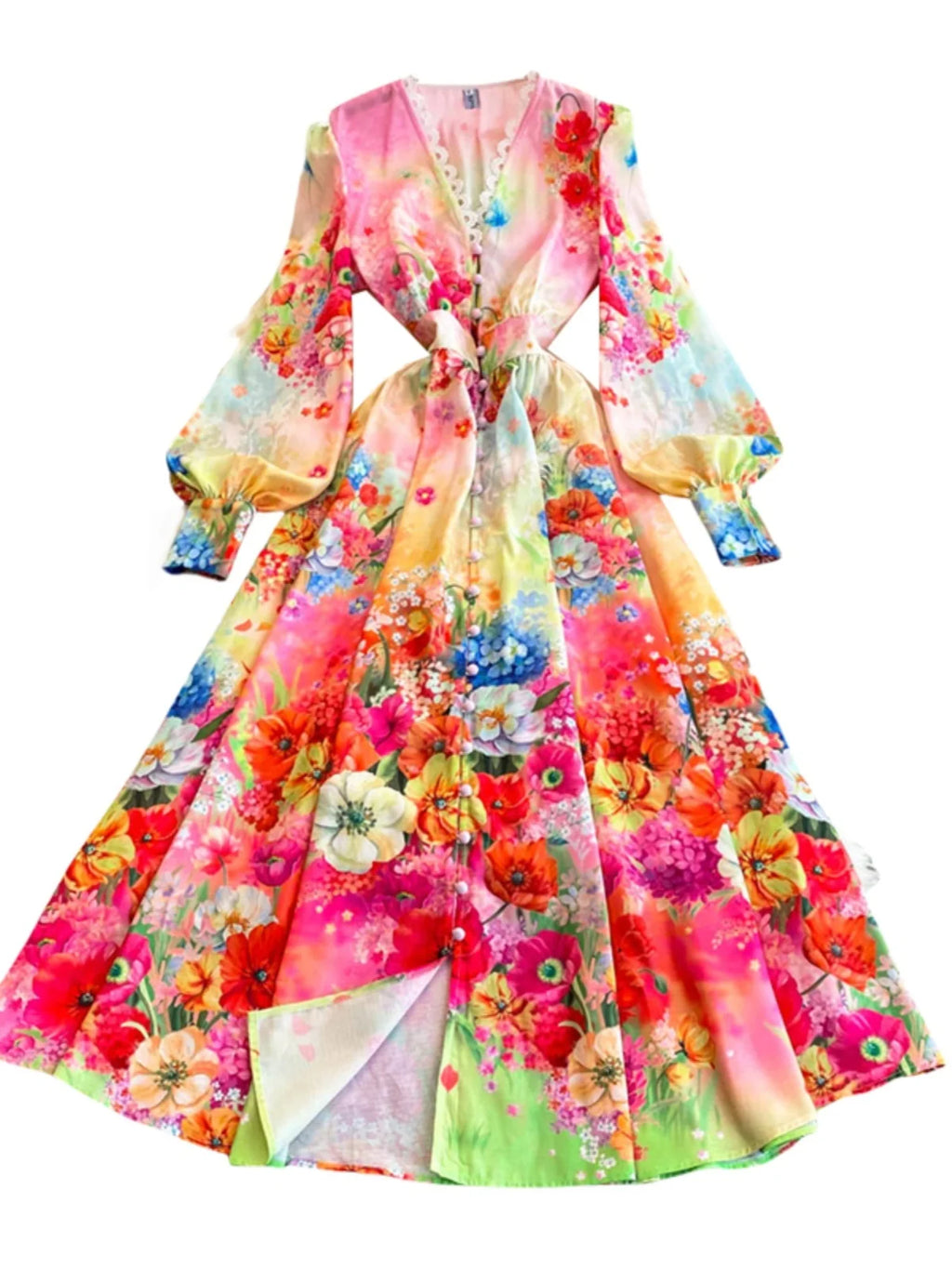 Robe longue en coton et lin à fleurs pour femmes, manches longues, dentelle, col en V, simple boutonnage, robe de soirée élégante, printemps, automne, 2025