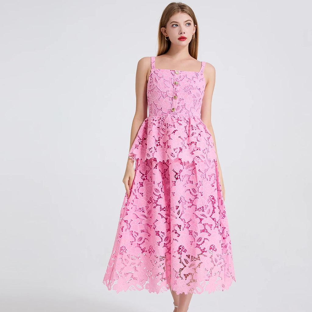 Robe de soirée longue en dentelle pour femmes, élégante, avec crochet brodé, ajouré, vacances d'été, manches courtes, portefeuille, robe mi-longue de fête