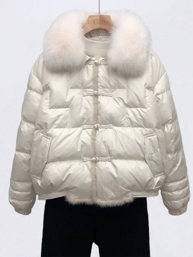 Lagabogy 2025 véritable col de fourrure de renard hiver femmes 90% duvet de canard blanc dame court chaud manteau bouffant femme ample Vintage Parka