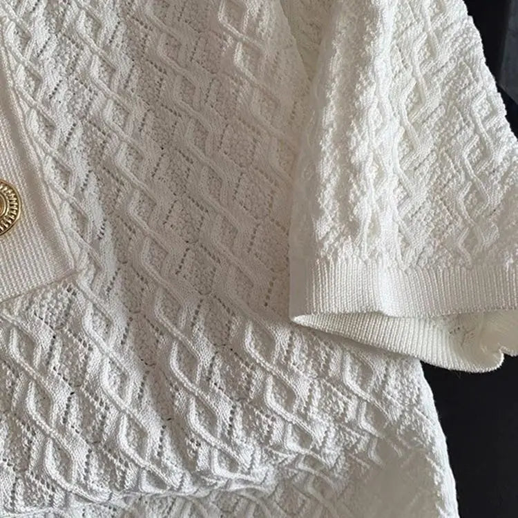 Polo français en soie glacée pour femmes, haut de gamme, Chic, fin, Unique, tricoté en Jacquard, manches courtes, ample, blanc, été