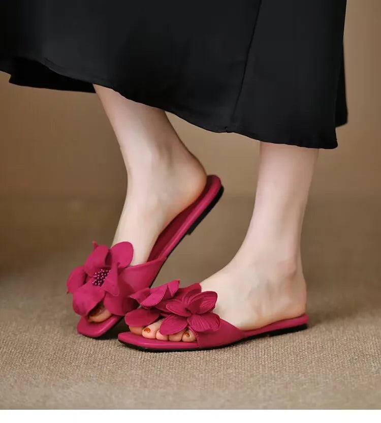 Pantoufles d'été plates pour femmes, grande taille, style coréen, à la mode, élégantes, à fleurs, pour dames, 2024
