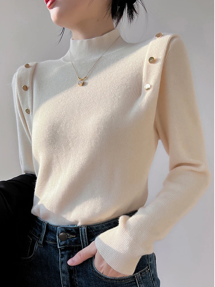 Pull à col roulé à manches longues pour femmes, boutons coréens, pulls minces doux et chauds, tricots féminins, monochromatique, automne, hiver