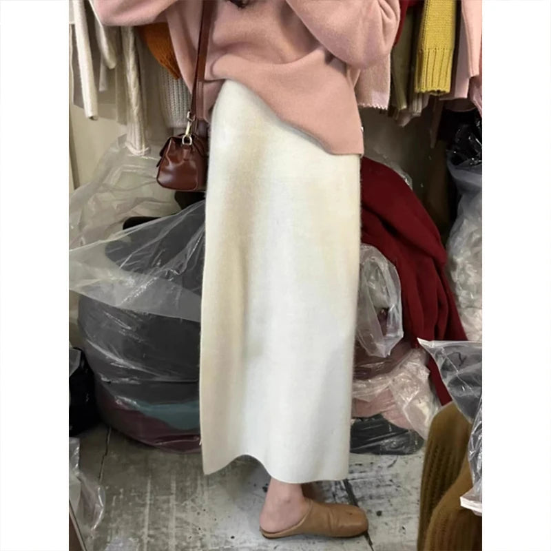 Jupes mi-longues en laine pour femmes, mode décontractée, couleur unie, ample, Streetwear, taille haute, jupes droites tricotées, nouvelle collection automne hiver 2024