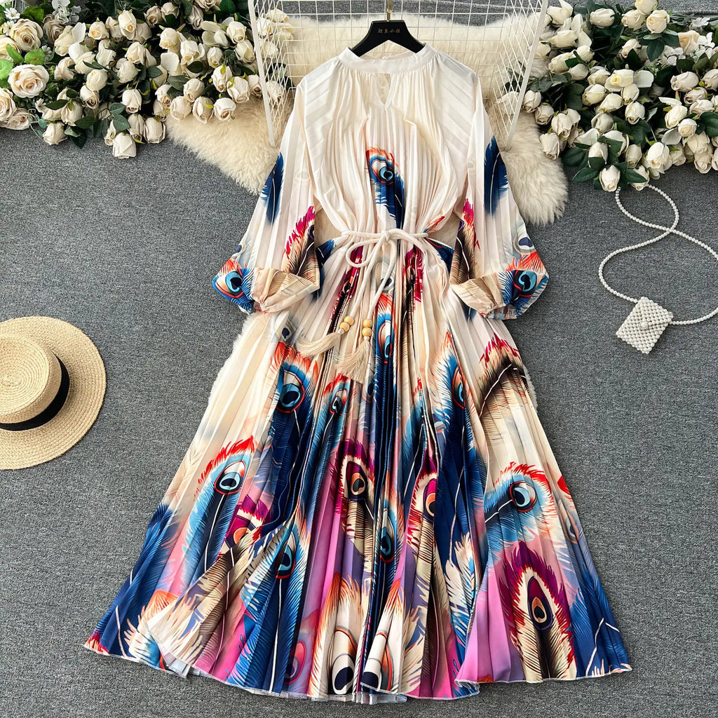 JAMERARY-Robe longue à imprimé floral pour femme, manches longues lanterne, paon de vacances, robe de soirée, robe de soirée, mode éducative, automne