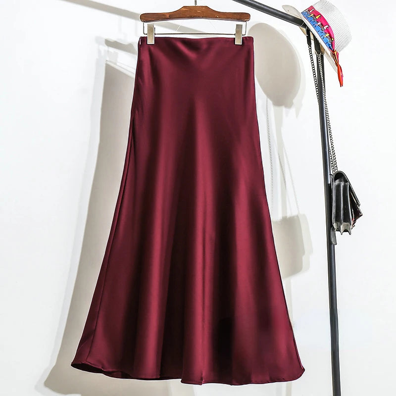 Jupe longue en satin taille haute pour femme, jupe midi, mince, monochromatique, champagne, noir, mode coréenne, été, 2024