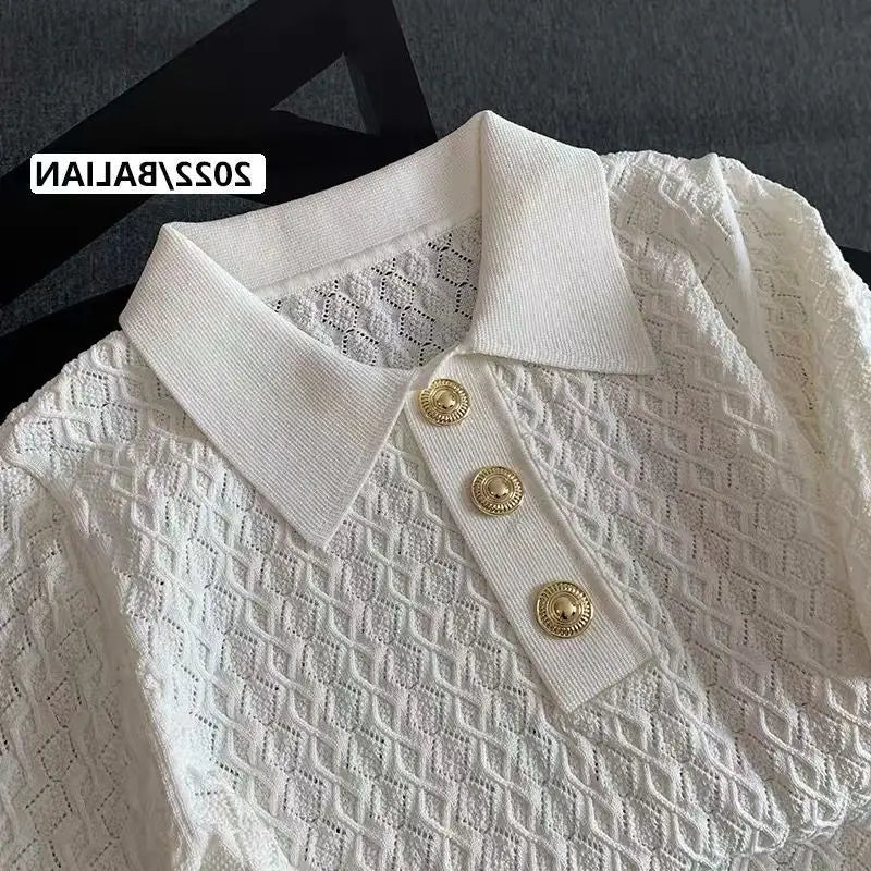 Polo français en soie glacée pour femmes, haut de gamme, Chic, fin, Unique, tricoté en Jacquard, manches courtes, ample, blanc, été