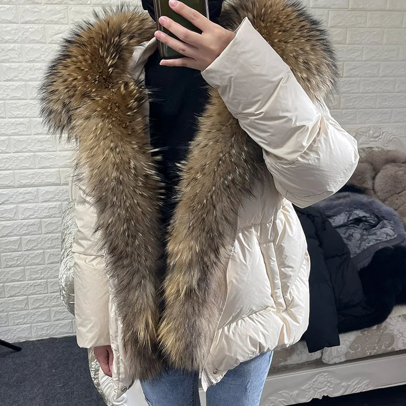 MAOMAOKONG 2024 blanc canard doudoune hiver femmes chaud manteau ample naturel réel col de fourrure de renard épais vêtements d'extérieur de luxe parkas