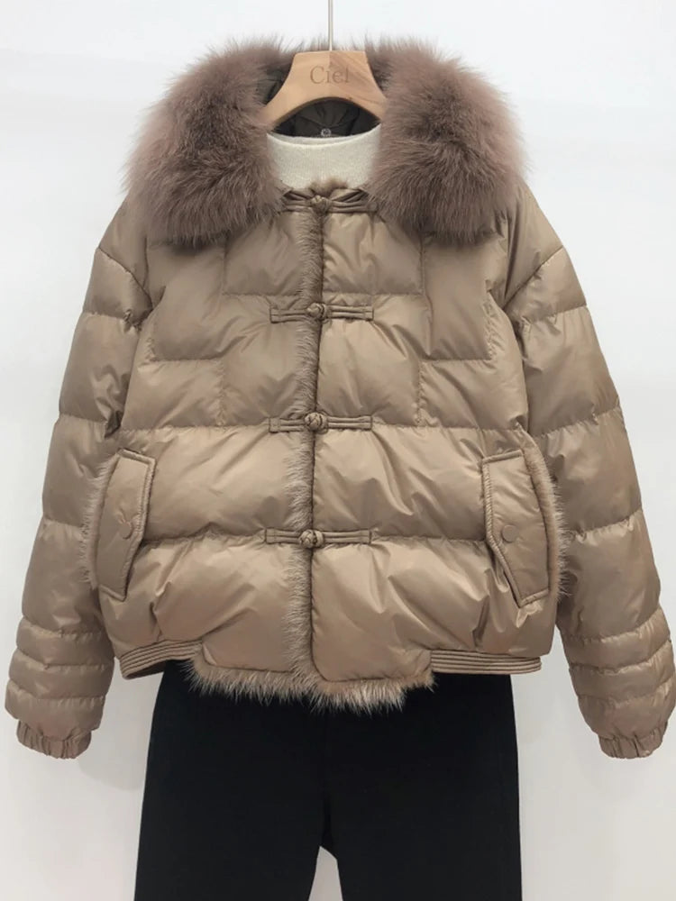 Lagabogy 2025 véritable col de fourrure de renard hiver femmes 90% duvet de canard blanc dame court chaud manteau bouffant femme ample Vintage Parka