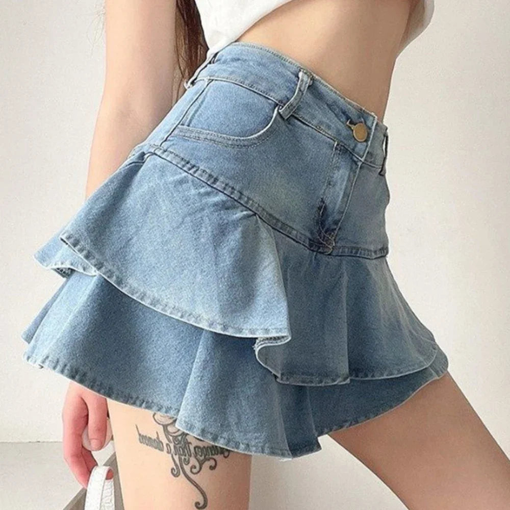 Jupe courte en jean à volants, double couche, polyvalente, gâteau, haute audiminceur, anti-absorbe ouissement, ultra courte, printemps été