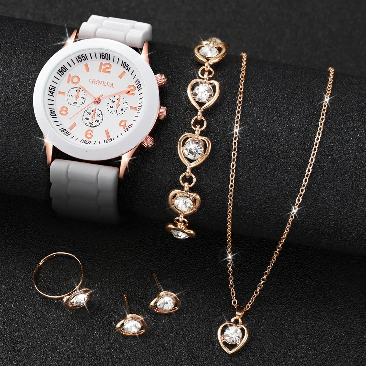 Montre à quartz analogique décontractée pour femme, bracelet en silicone, biscuits, ensemble de bijoux coeur, sans boîte, 6 pièces par ensemble