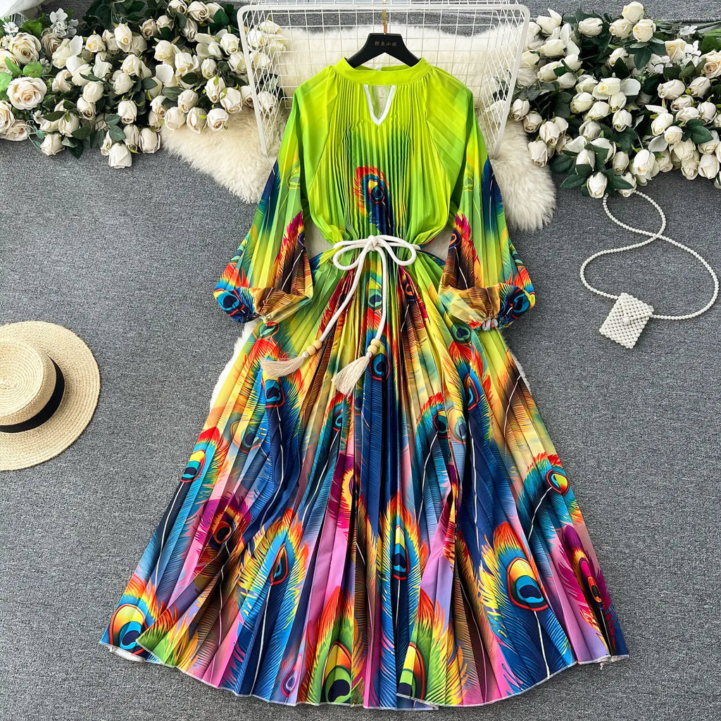 JAMERARY-Robe longue à imprimé floral pour femme, manches longues lanterne, paon de vacances, robe de soirée, robe de soirée, mode éducative, automne