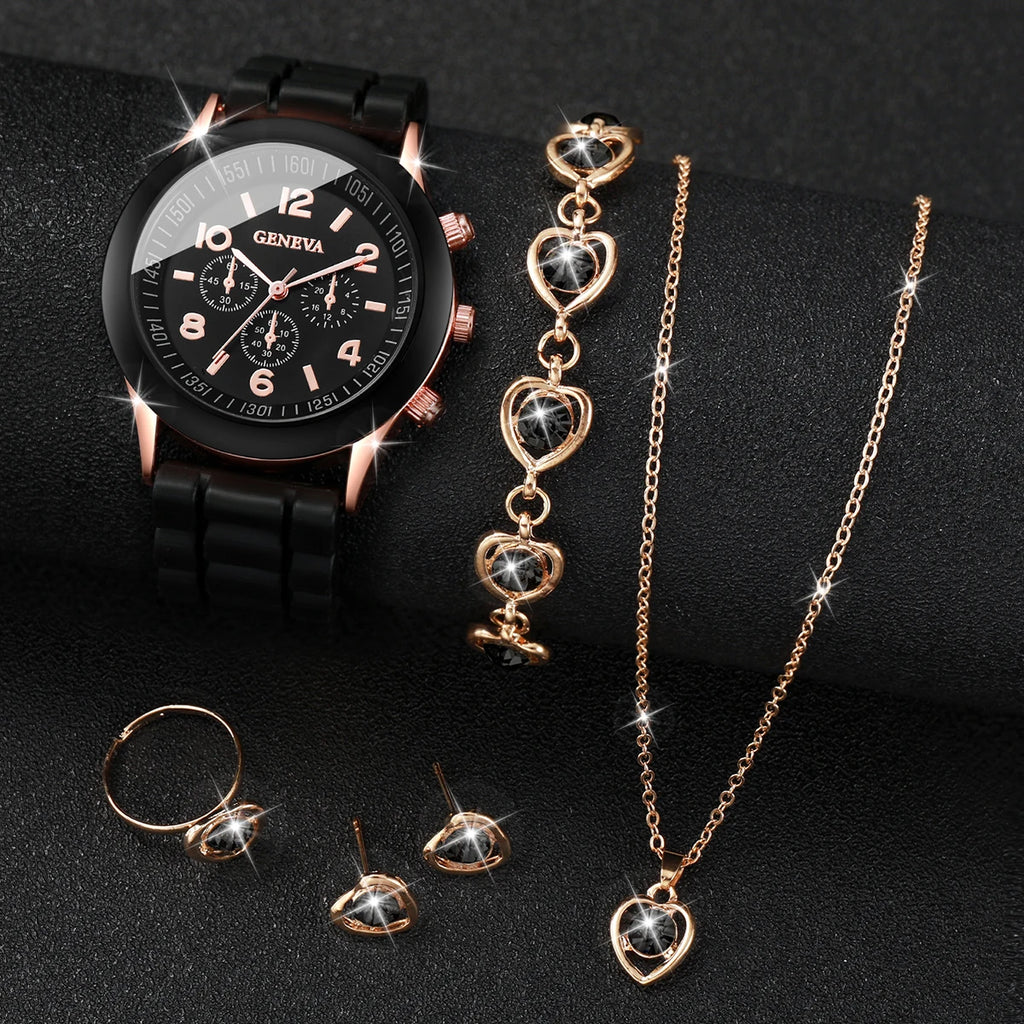 Montre à quartz analogique décontractée pour femme, bracelet en silicone, biscuits, ensemble de bijoux coeur, sans boîte, 6 pièces par ensemble