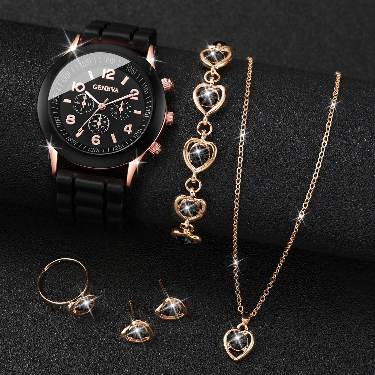 Montre à quartz analogique décontractée pour femme, bracelet en silicone, biscuits, ensemble de bijoux coeur, sans boîte, 6 pièces par ensemble