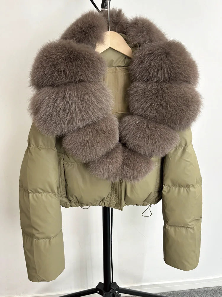 Janveny grand col en fourrure de renard naturel 90% duvet de canard blanc femmes hiver court imperméable PU manteau bouffant femme épais Parkas