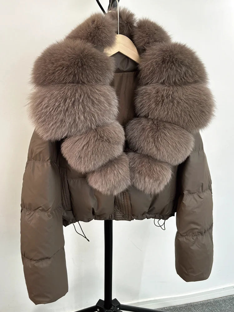 Janveny grand col en fourrure de renard naturel 90% duvet de canard blanc femmes hiver court imperméable PU manteau bouffant femme épais Parkas