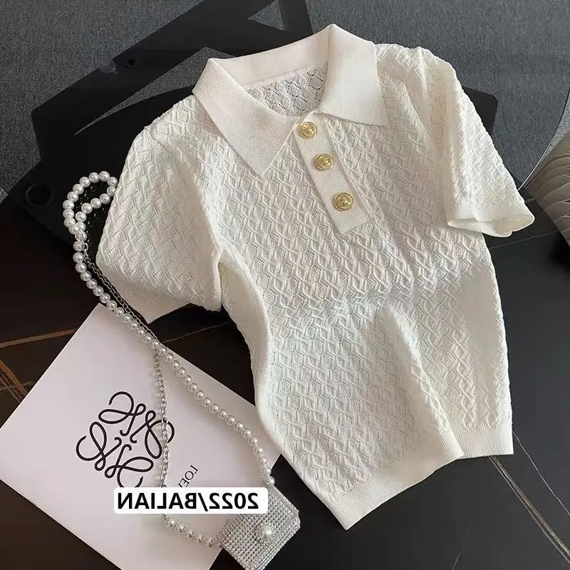 Polo français en soie glacée pour femmes, haut de gamme, Chic, fin, Unique, tricoté en Jacquard, manches courtes, ample, blanc, été