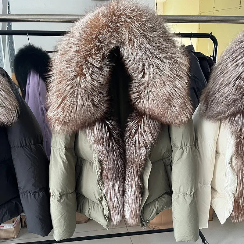 MAOMAOKONG 2024 blanc canard doudoune hiver femmes chaud manteau ample naturel réel col de fourrure de renard épais vêtements d'extérieur de luxe parkas