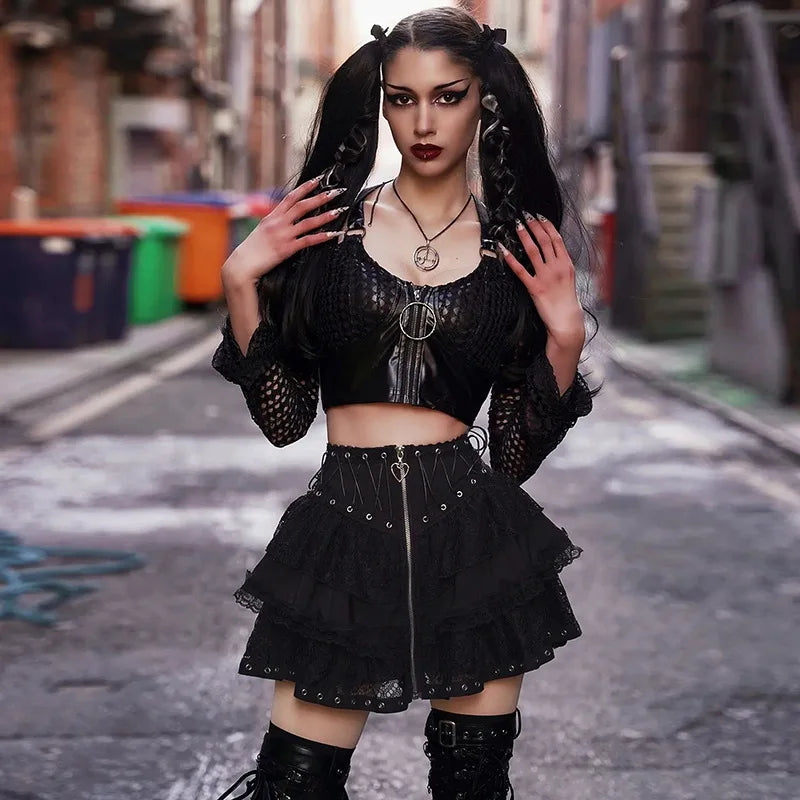 Jupe Punk Vintage à taille haute pour femmes, fermeture éclair sur le devant, Style japonais Kawaii noir Harajuku gothique patineuse Cosplay Mini jupes