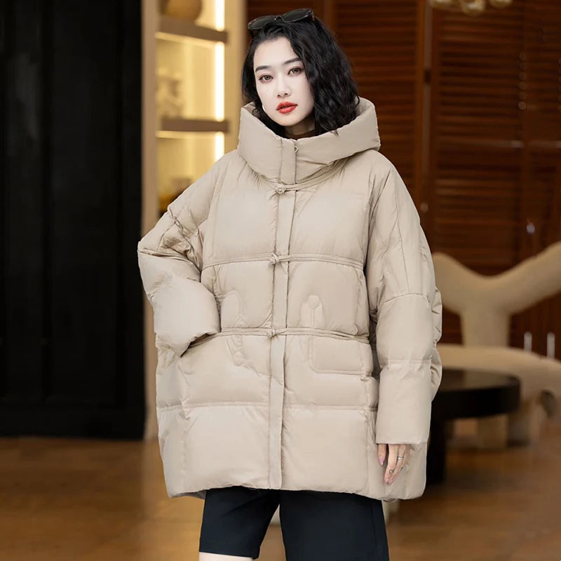 Veste en duvet de canard blanc avec capuche pour femme, vêtements d'extérieur décontractés, manteau vintage, surdimensionné, chaud, automne, hiver, nouveau, 2024