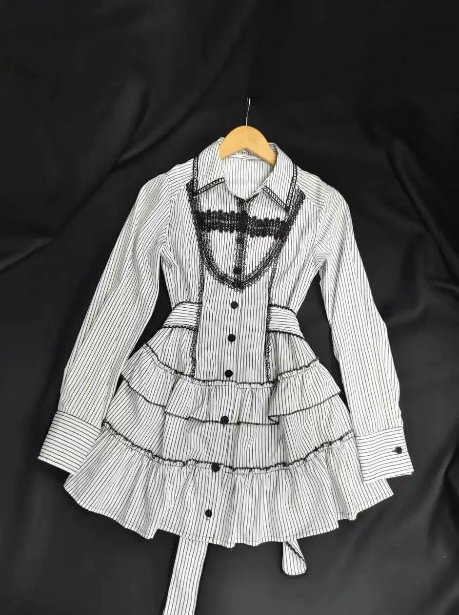 Robe Lolita en dentelle pour femmes, Style gothique japonais, avec nœud rayé, chemise à bandes, Slim, esthétique Y2k, Mini robes de soirée, Design