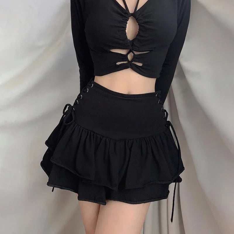 FISalle de bain-Mini jupe bandage taille haute pour femme, R Streetwear Mall Goth, Harajuku Y2K, E-Girl, Dark Gothic Punk, Emo Alt Club Wear