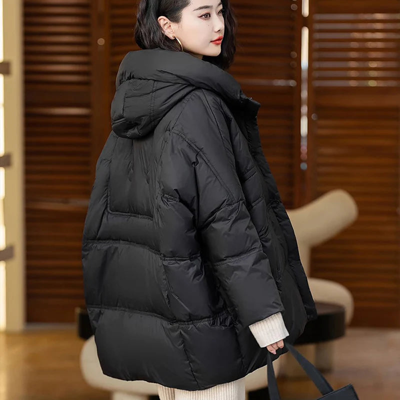 Veste en duvet de canard blanc avec capuche pour femme, vêtements d'extérieur décontractés, manteau vintage, surdimensionné, chaud, automne, hiver, nouveau, 2024