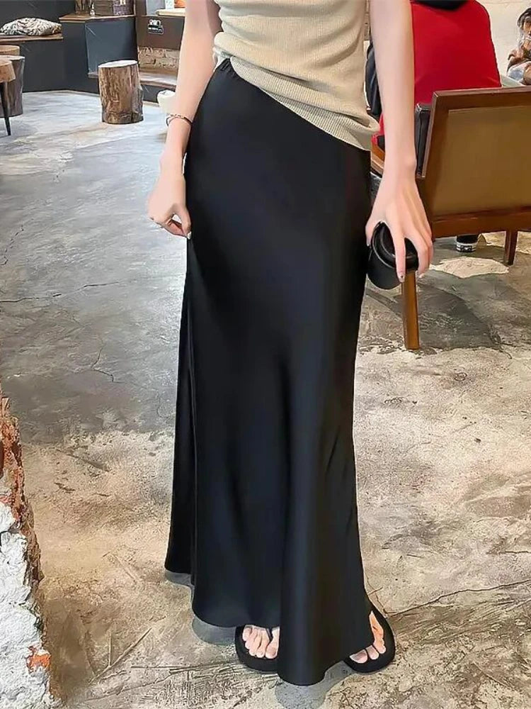 Jupe longue en satin taille haute pour femme, jupe midi, mince, monochromatique, champagne, noir, mode coréenne, été, 2024