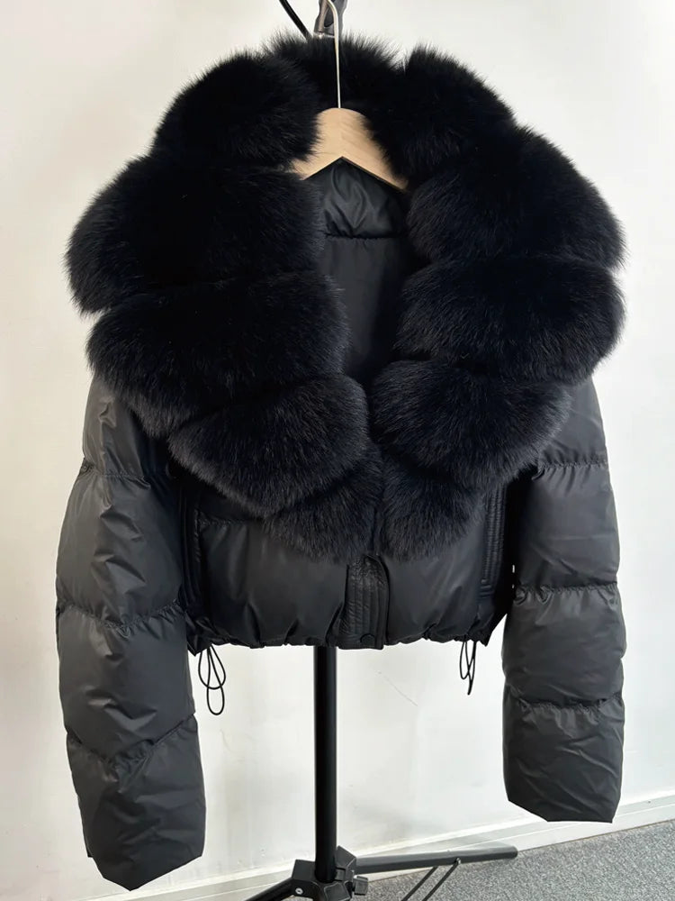 Janveny grand col en fourrure de renard naturel 90% duvet de canard blanc femmes hiver court imperméable PU manteau bouffant femme épais Parkas
