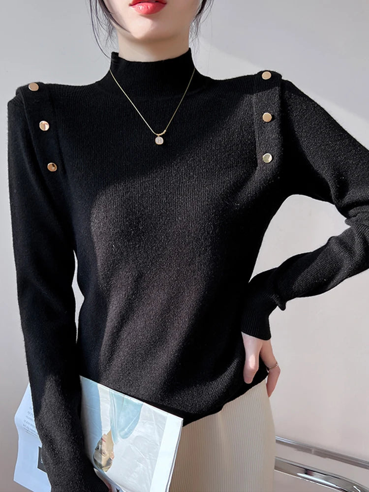 Pull à col roulé à manches longues pour femmes, boutons coréens, pulls minces doux et chauds, tricots féminins, monochromatique, automne, hiver