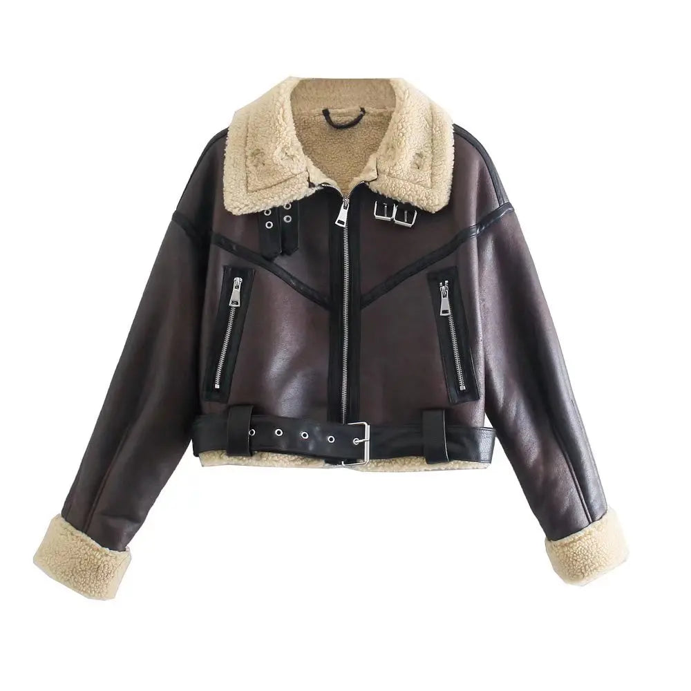 TARF-Veste en Fausse Peau de Mouton pour Femme, Manteau Vintage à Manches sulf, Ourlet Ceinture, Mode Optique, OupillChic, Y-Chic