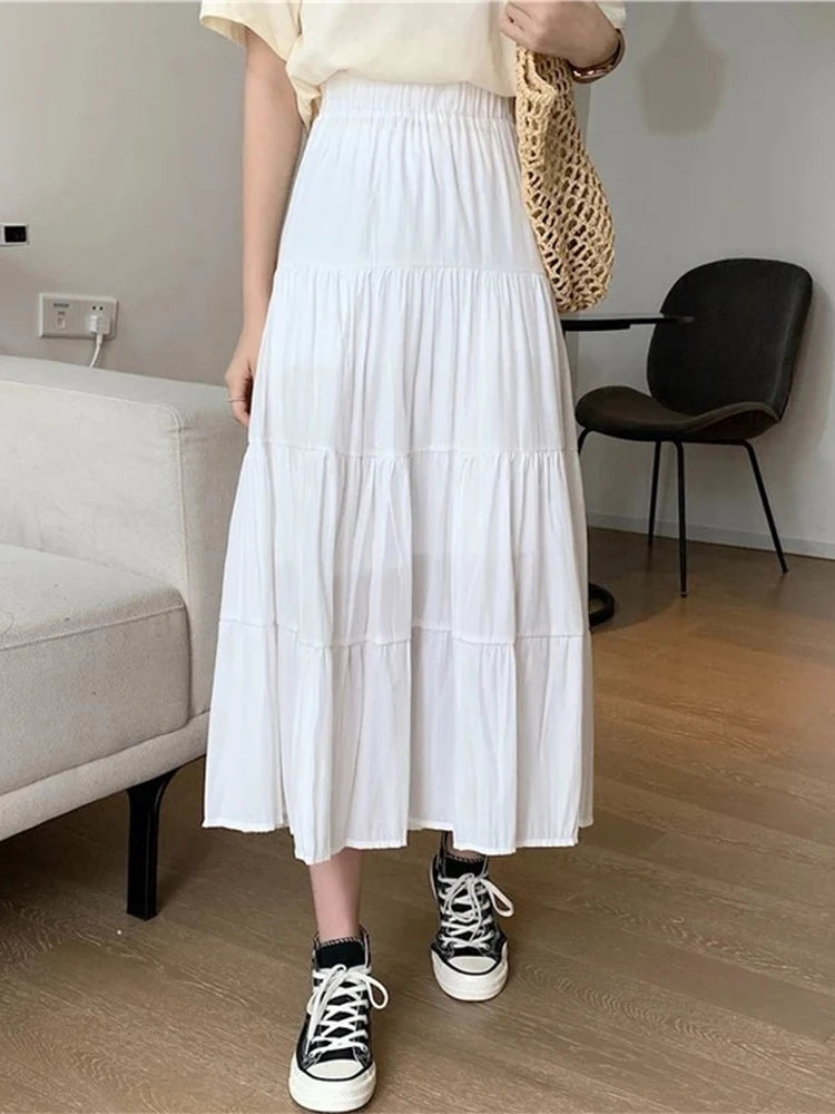 Jupe trapèze en mousseline de soie pour femme, vintage, taille haute, élastique, patchwork, blanc, noir, chic, longue, étudiante, printemps, été