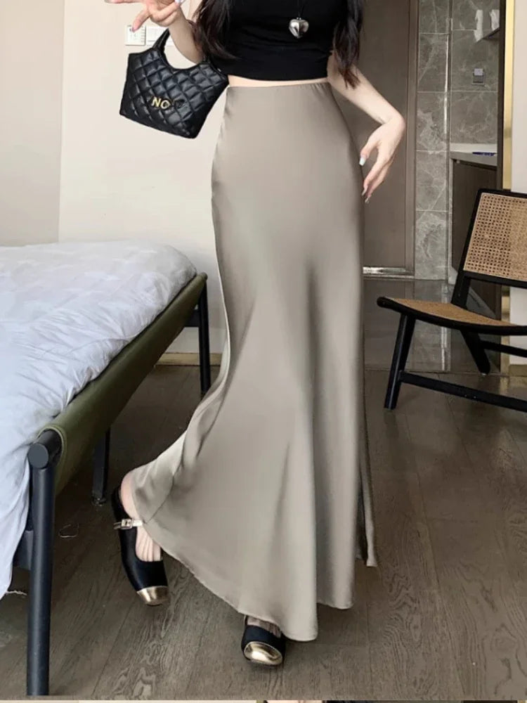 Jupe longue en satin taille haute pour femme, jupe midi, mince, monochromatique, champagne, noir, mode coréenne, été, 2024