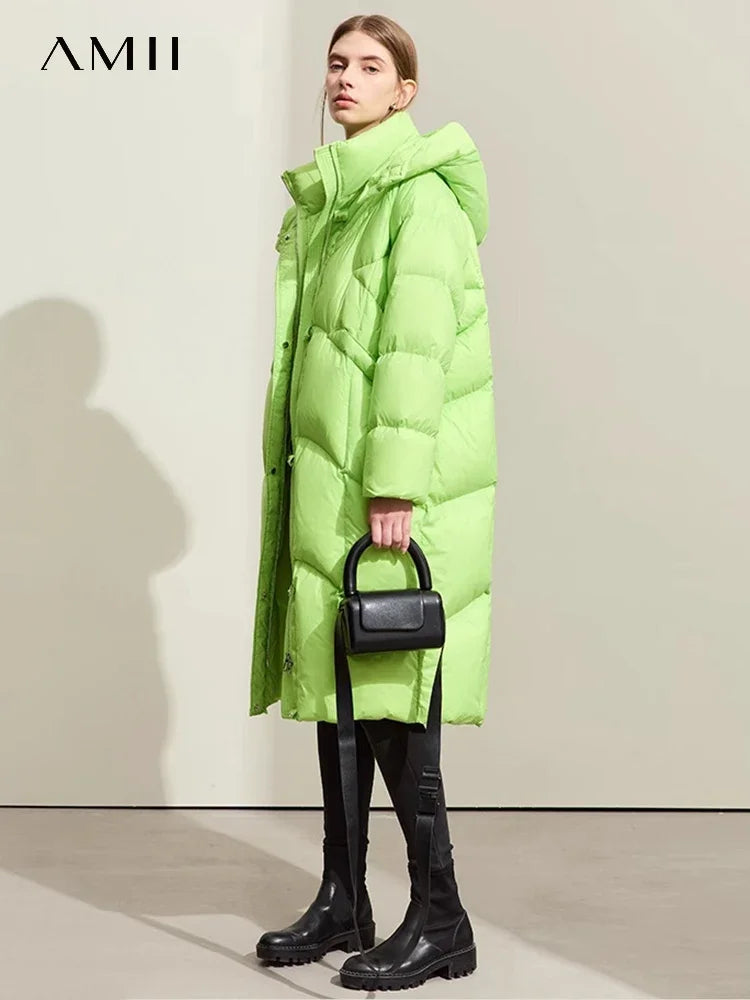 AMII-Doudoune longue à capuche en duvet de canard pour femme, manteau d'hiver pour femme, fermeture éclair, bureau, 2023, nouveau, 12324027