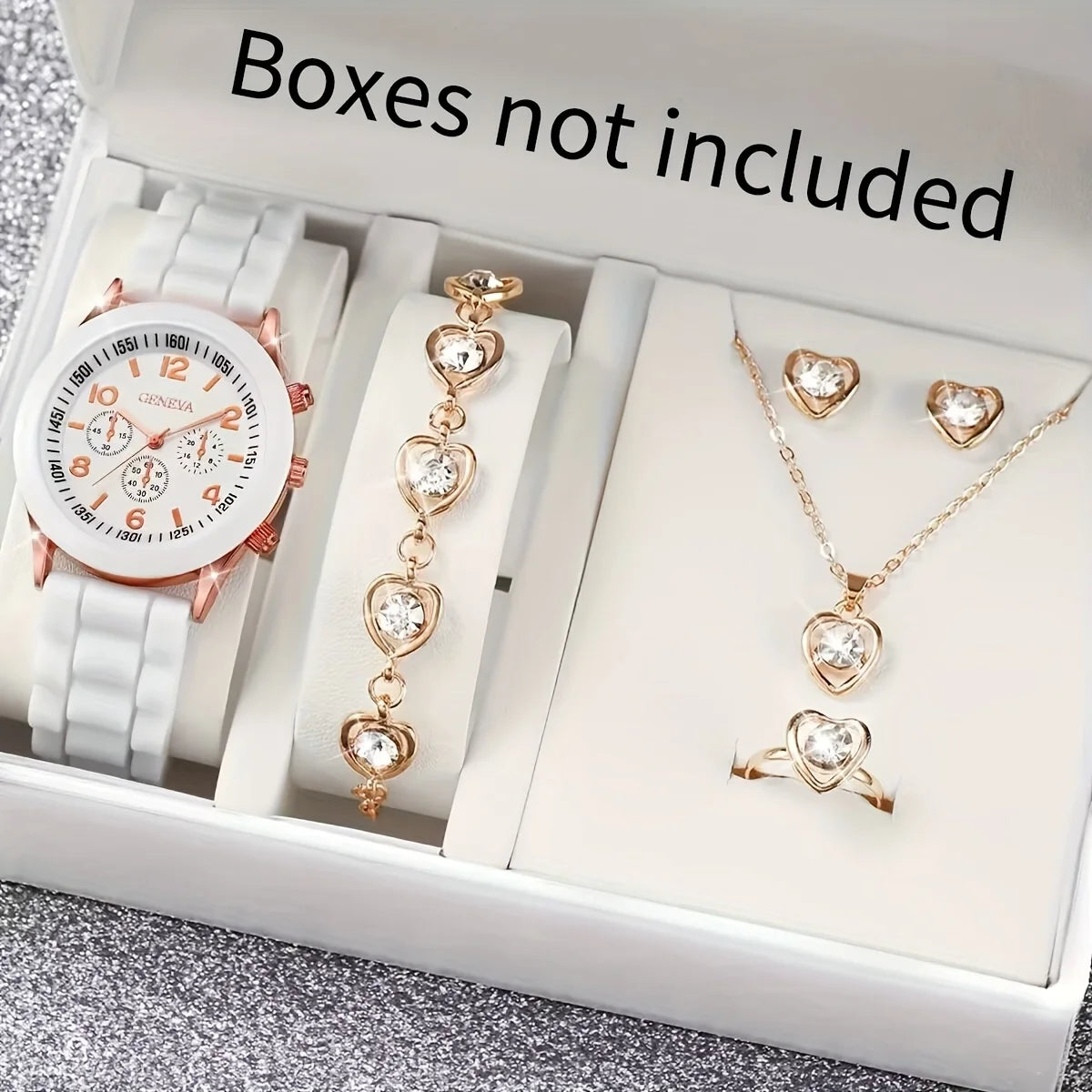 Montre à quartz analogique décontractée pour femme, bracelet en silicone, biscuits, ensemble de bijoux coeur, sans boîte, 6 pièces par ensemble