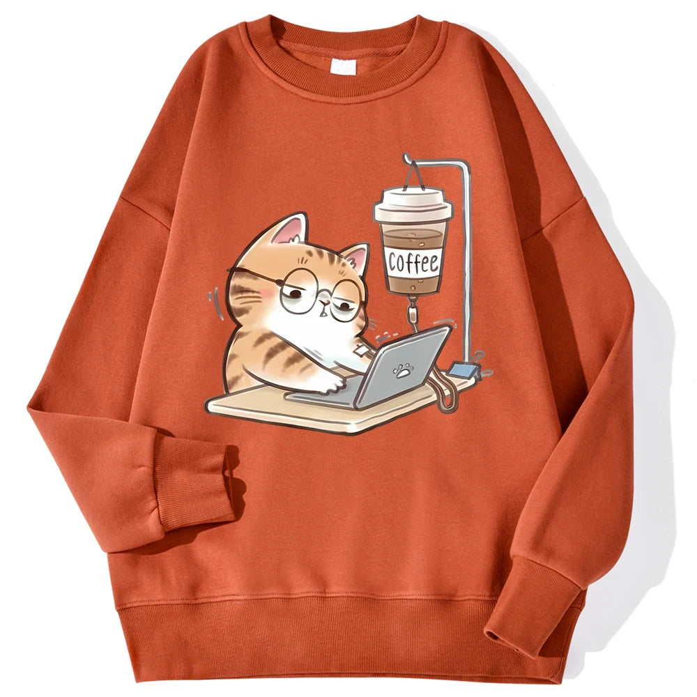 Travailer les chats qui ne peuvent pas faire sans café femmes à capuche ample confortable sweats à capuche Harajuku polaire à capuche mode automne hommes haut