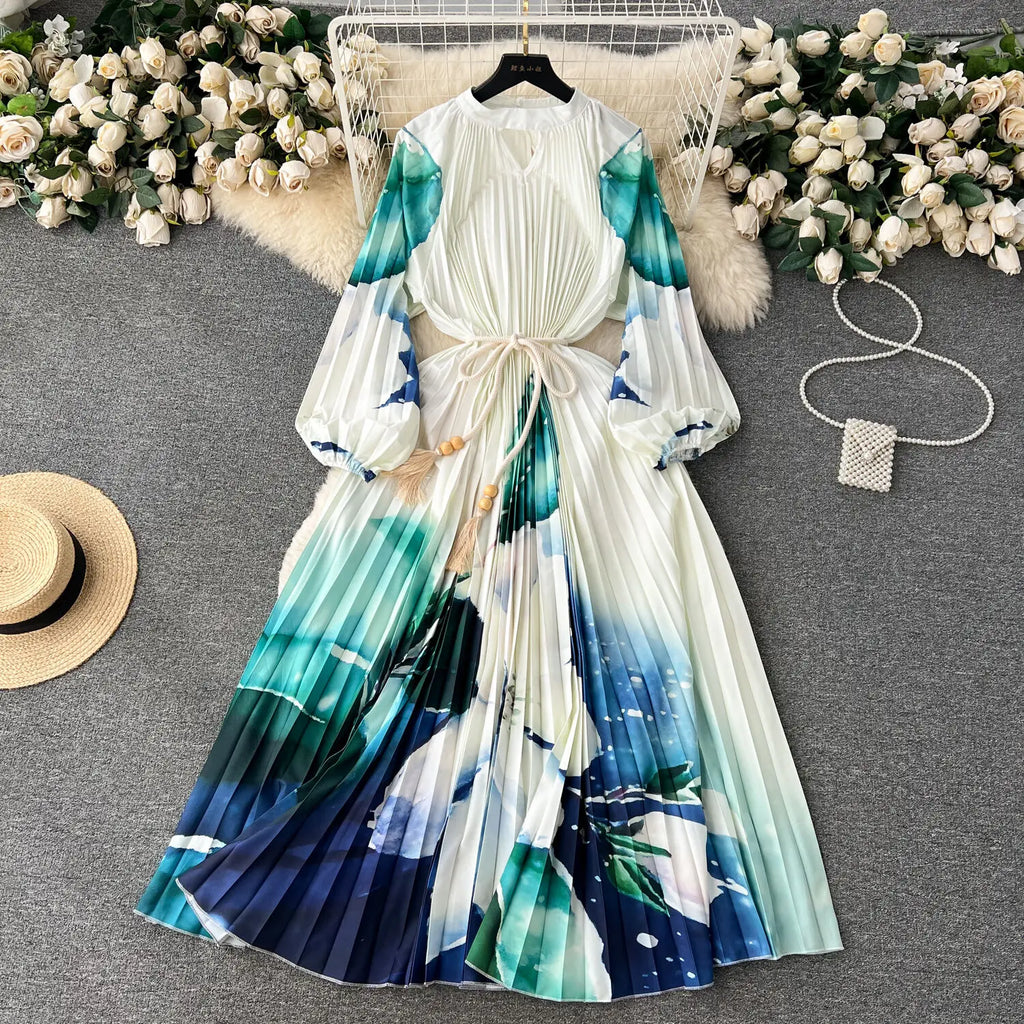 JAMERARY-Robe longue à imprimé floral pour femme, manches longues lanterne, paon de vacances, robe de soirée, robe de soirée, mode éducative, automne