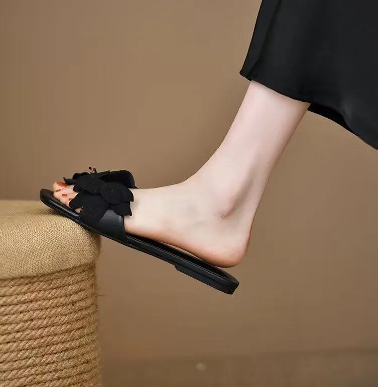 Pantoufles d'été plates pour femmes, grande taille, style coréen, à la mode, élégantes, à fleurs, pour dames, 2024
