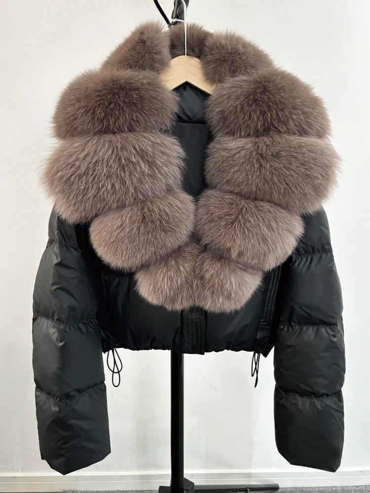 Janveny grand col en fourrure de renard naturel 90% duvet de canard blanc femmes hiver court imperméable PU manteau bouffant femme épais Parkas