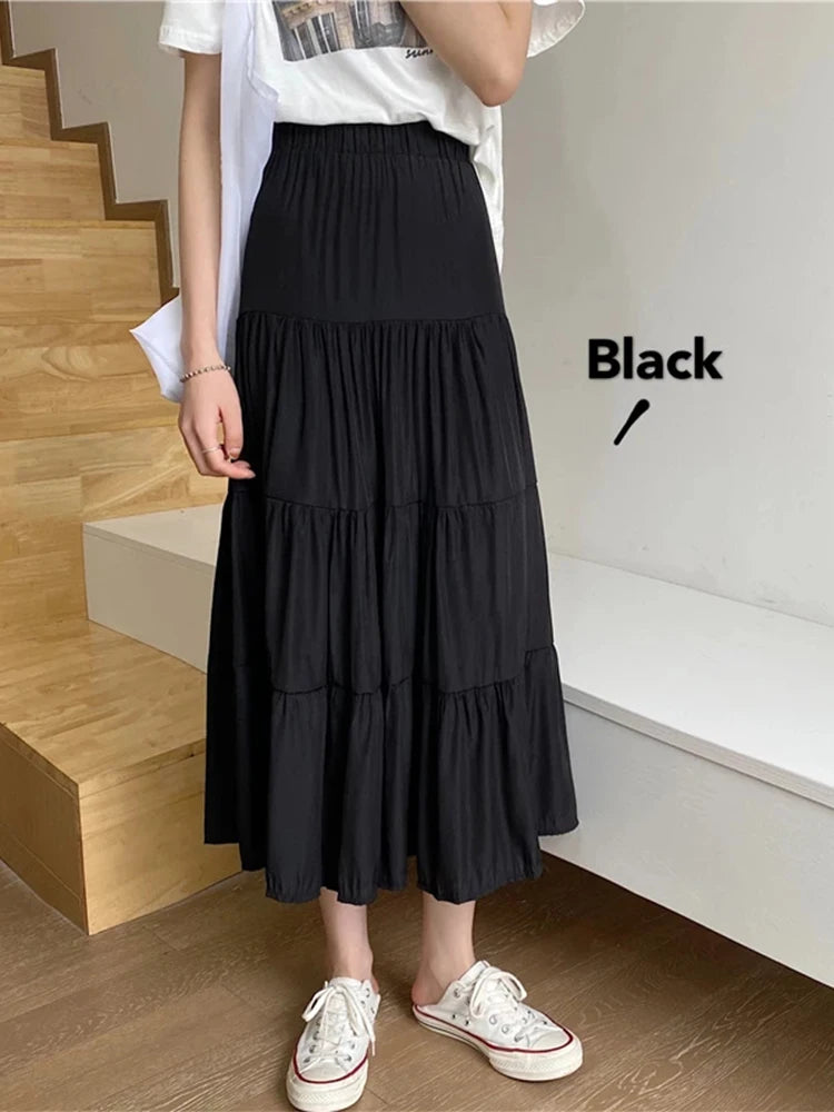 Jupe trapèze en mousseline de soie pour femme, vintage, taille haute, élastique, patchwork, blanc, noir, chic, longue, étudiante, printemps, été