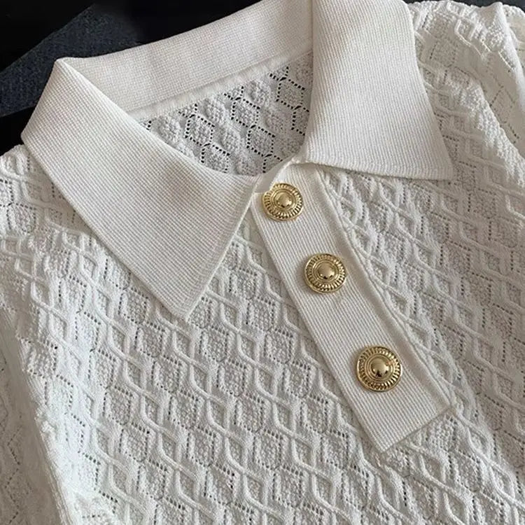 Polo français en soie glacée pour femmes, haut de gamme, Chic, fin, Unique, tricoté en Jacquard, manches courtes, ample, blanc, été