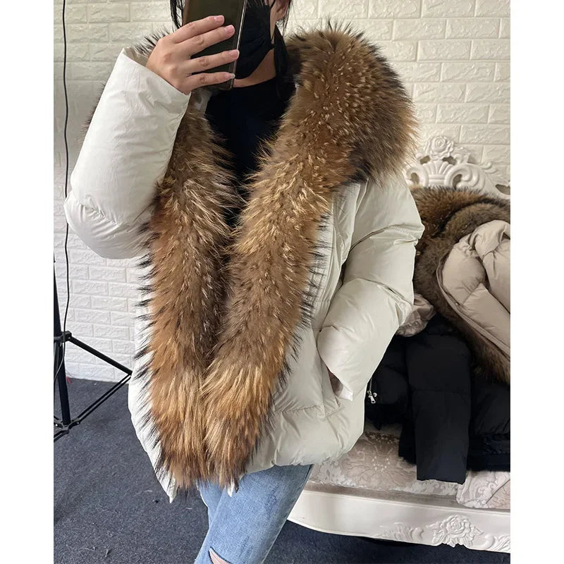 MAOMAOKONG 2024 blanc canard doudoune hiver femmes chaud manteau ample naturel réel col de fourrure de renard épais vêtements d'extérieur de luxe parkas