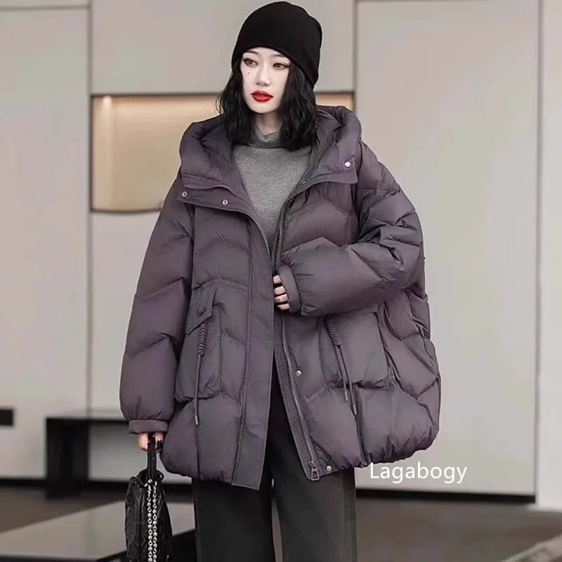 Lagabogy 2025 femmes automne hiver Style Vintage ample décontracté mi-long à capuche chaud manteau femme 90% blanc canard doudoune