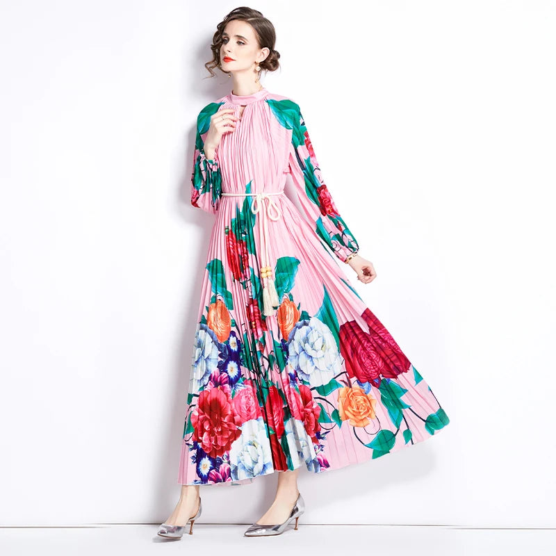 JAMERARY-Robe longue à imprimé floral pour femme, manches longues lanterne, paon de vacances, robe de soirée, robe de soirée, mode éducative, automne