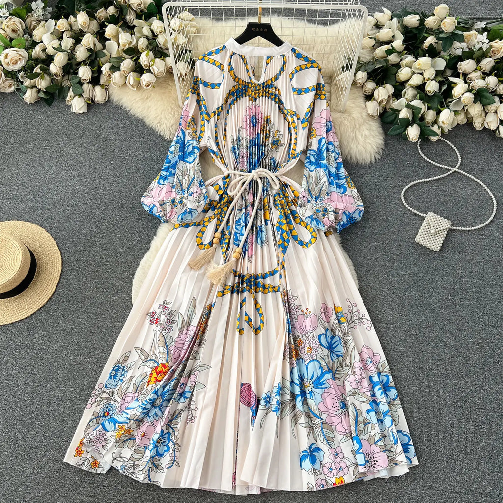 JAMERARY-Robe longue à imprimé floral pour femme, manches longues lanterne, paon de vacances, robe de soirée, robe de soirée, mode éducative, automne