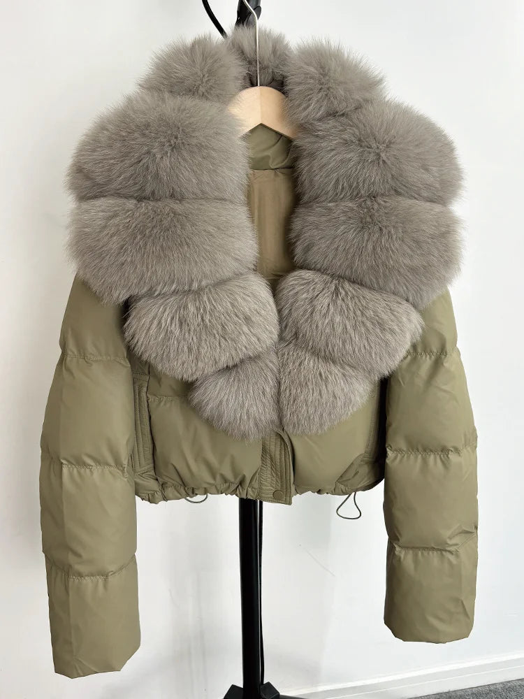 Janveny grand col en fourrure de renard naturel 90% duvet de canard blanc femmes hiver court imperméable PU manteau bouffant femme épais Parkas