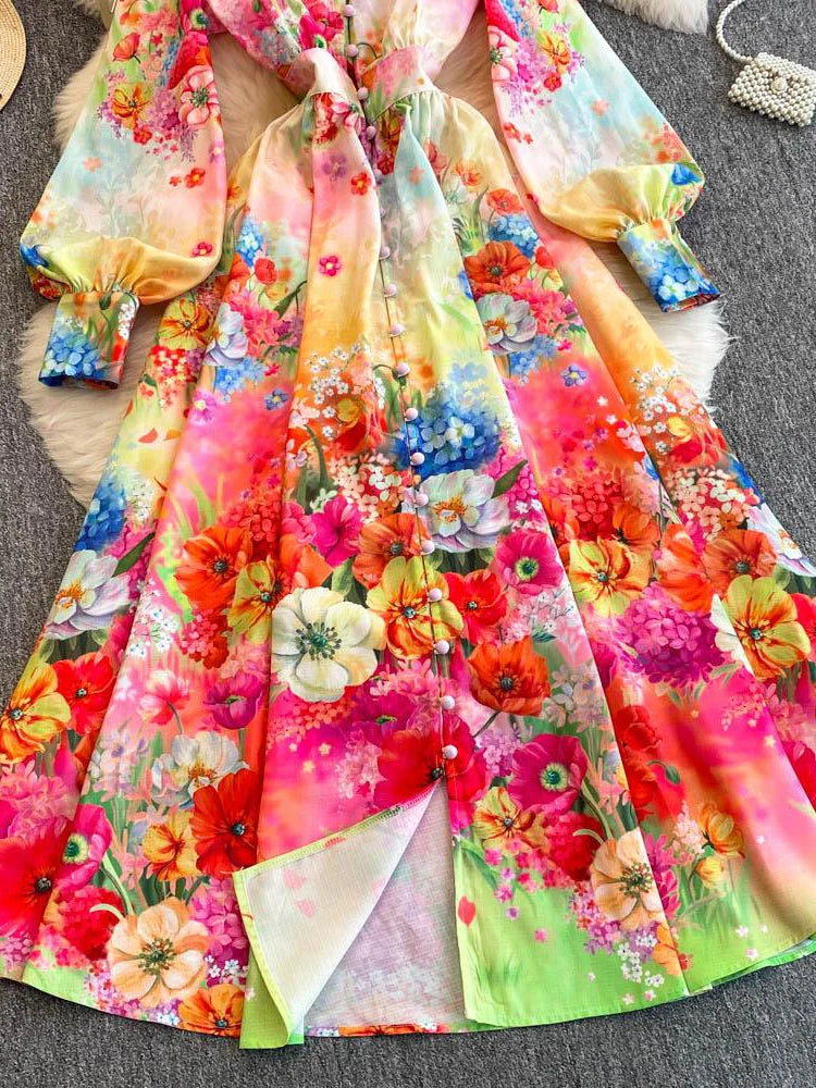 Robe longue en coton et lin à fleurs pour femmes, manches longues, dentelle, col en V, simple boutonnage, robe de soirée élégante, printemps, automne, 2025