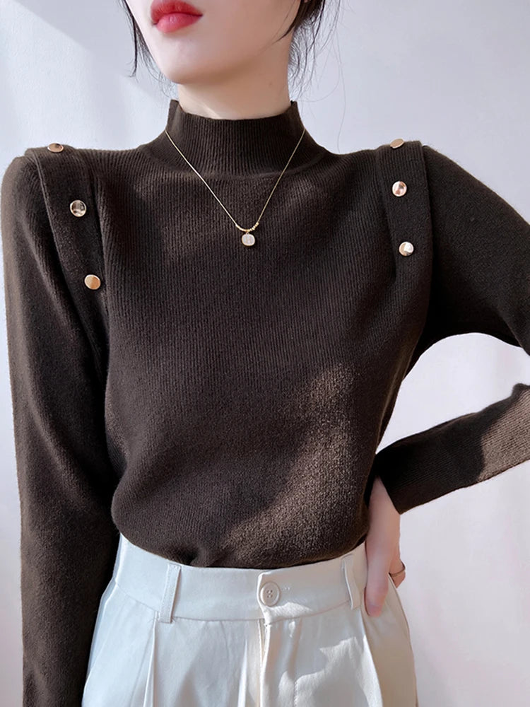 Pull à col roulé à manches longues pour femmes, boutons coréens, pulls minces doux et chauds, tricots féminins, monochromatique, automne, hiver