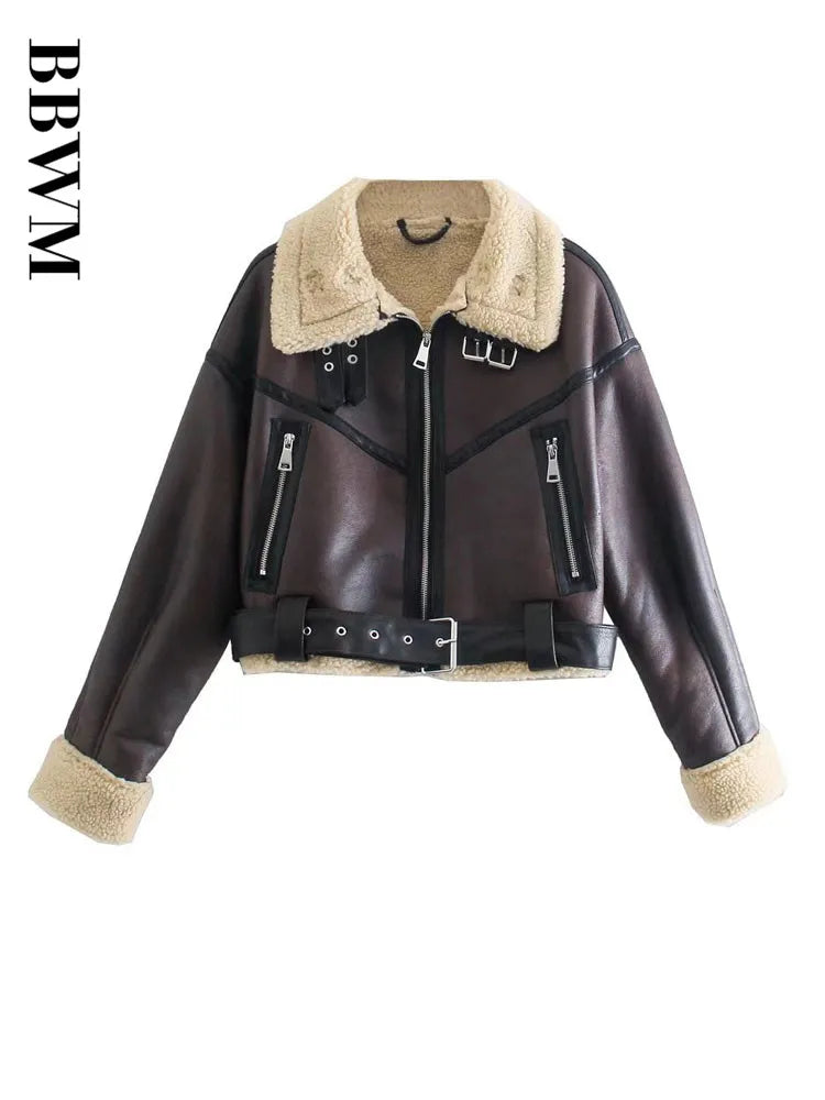 TARF-Veste en Fausse Peau de Mouton pour Femme, Manteau Vintage à Manches sulf, Ourlet Ceinture, Mode Optique, OupillChic, Y-Chic