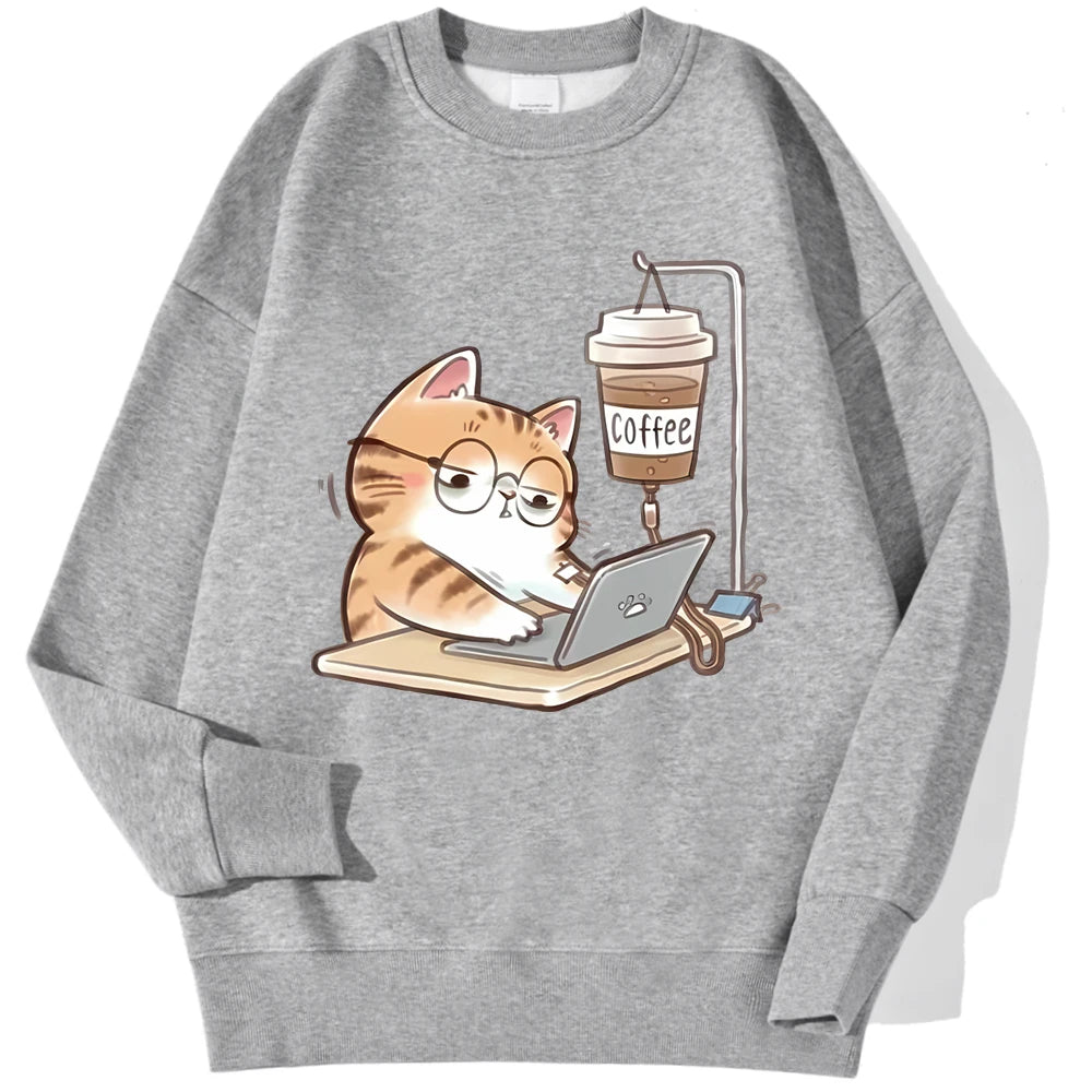 Travailer les chats qui ne peuvent pas faire sans café femmes à capuche ample confortable sweats à capuche Harajuku polaire à capuche mode automne hommes haut